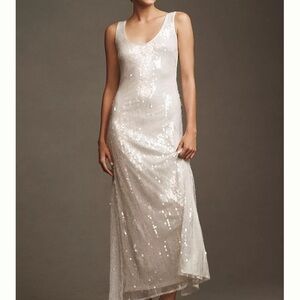 Anthropologie White Sequin Asymmetrical Gown